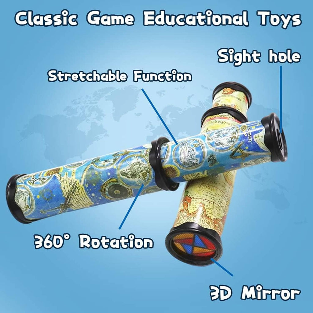 Map-printed kaleidoscope tubes with black end caps and colorful lens patterns, feature diagram