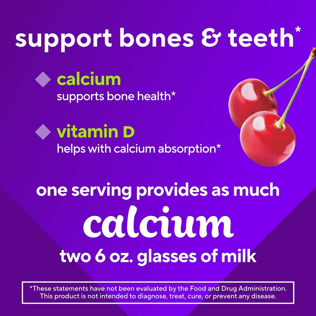 Calcium gummy supplement graphic with cherry and spiral gummies; supports bone health claim.