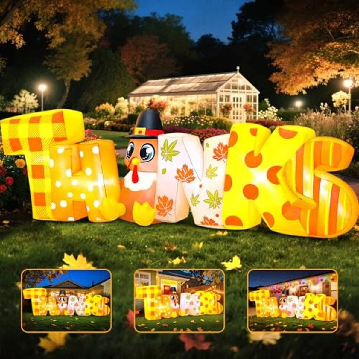 Glowing Thanksgiving inflatable letters and turkey figure in autumn colors with leaf-pattern panels