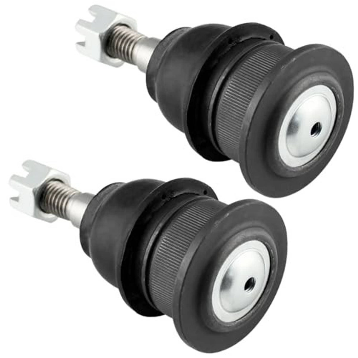 Two front upper ball joints with black boots and round metal base plates