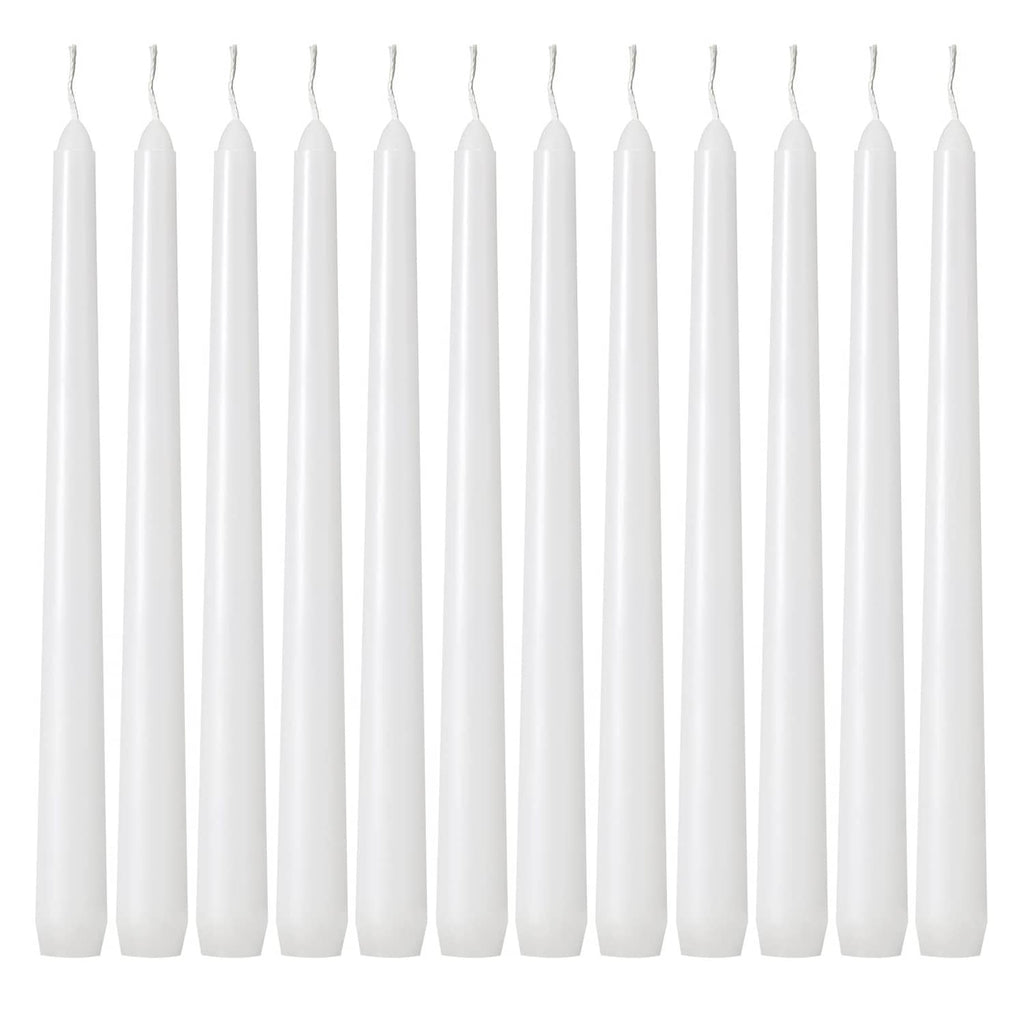 Set of white dripless taper candles, unlit, slim 10-inch shape (24-pack)