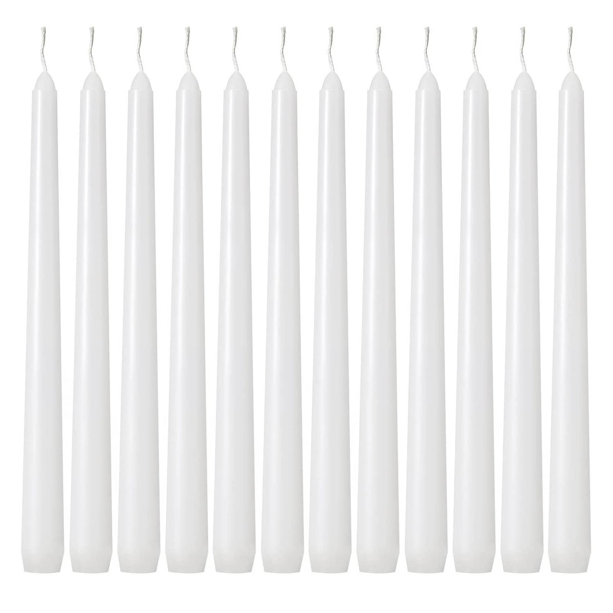 Set of white dripless taper candles, unlit, slim 10-inch shape (24-pack)