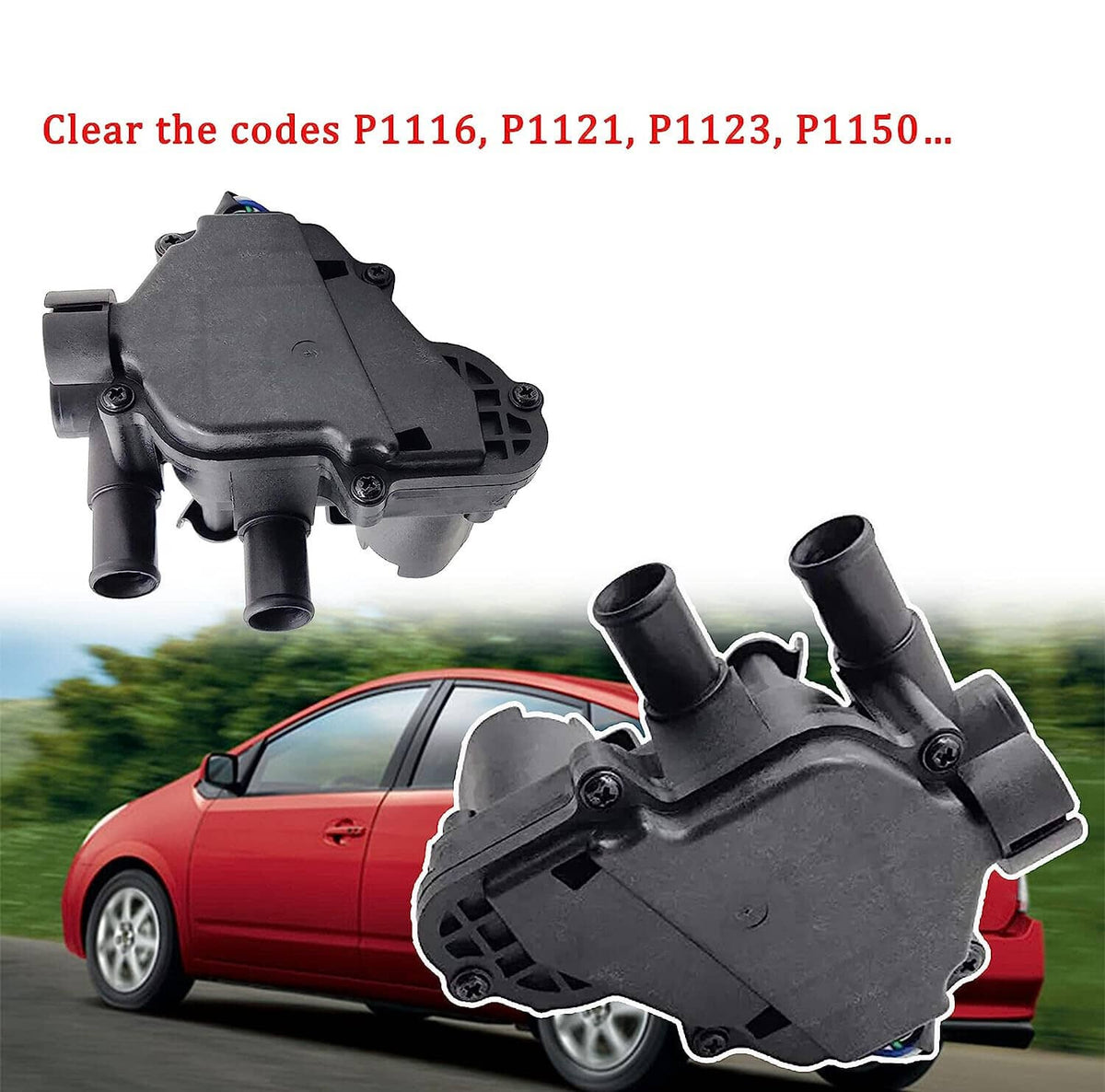 Black heater coolant control valve with twin hose outlets and top sensor cover