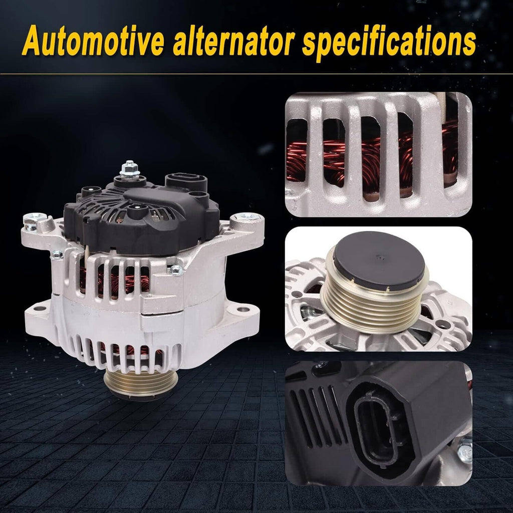 Alternator set with multiple angles: silver housing, vented coils, and pulley close-up