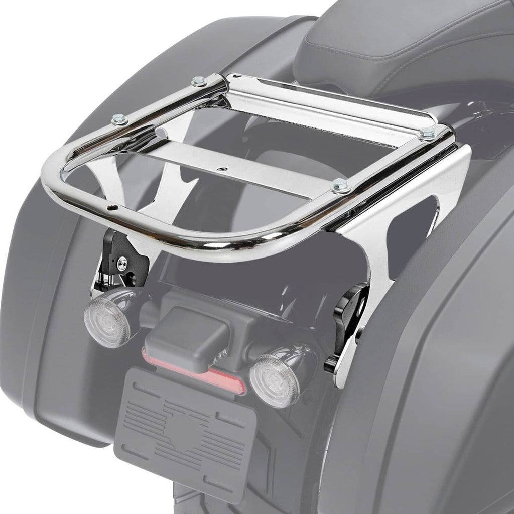 Chrome docking rack platform with mounting arms for motorcycle rear accessories
