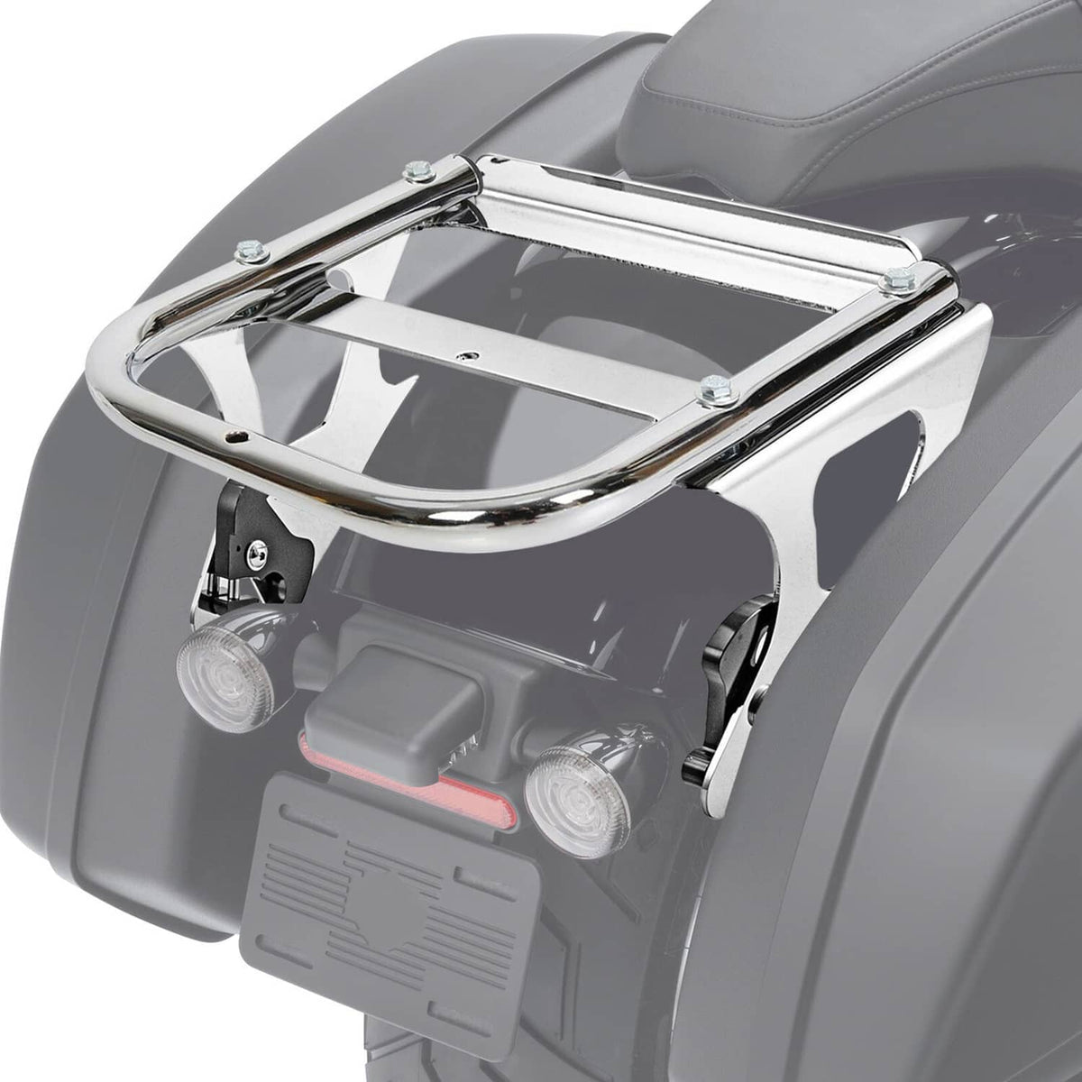 Chrome docking rack platform with mounting arms for motorcycle rear accessories