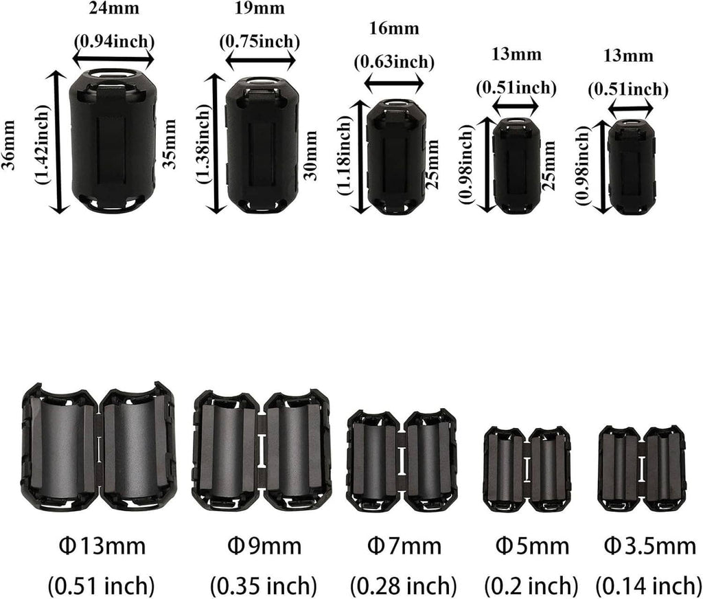 Clip-on ferrite ring cores with size labels, shown in multiple diameters