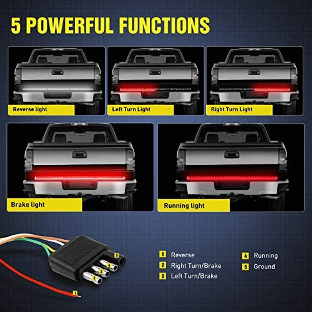 LED tailgate light strip with multi-function light pattern on vehicle tail lamps