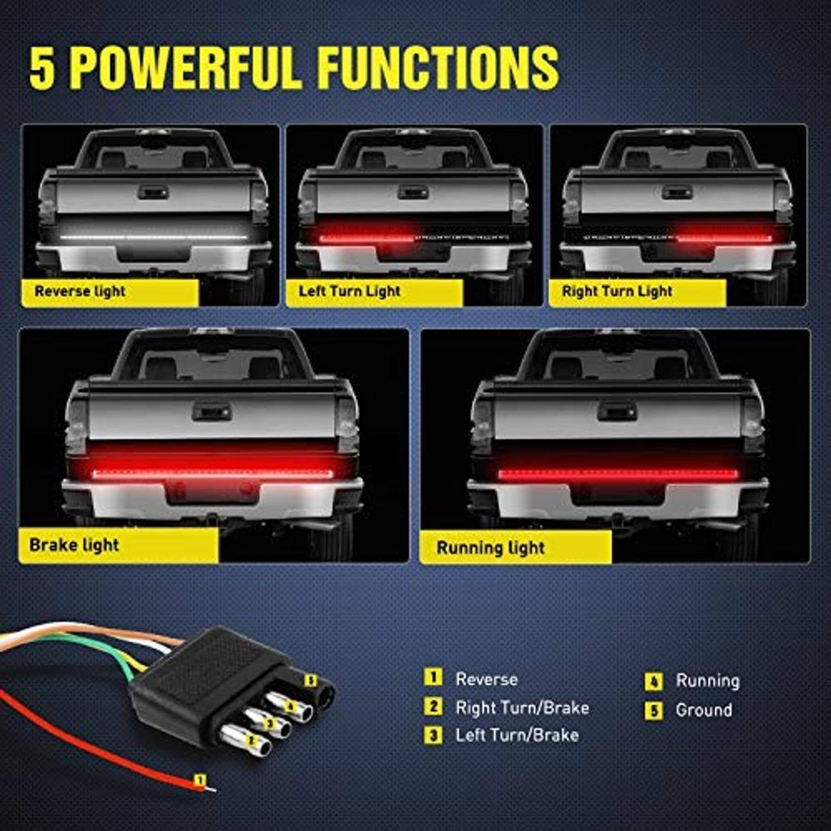 LED tailgate light strip with multi-function light pattern on vehicle tail lamps