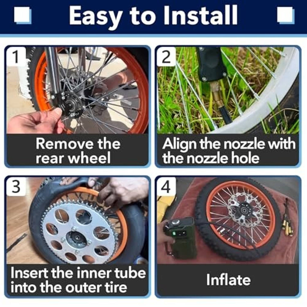 Black inner tube installation steps on wheels: align nozzle hole, insert and inflate.