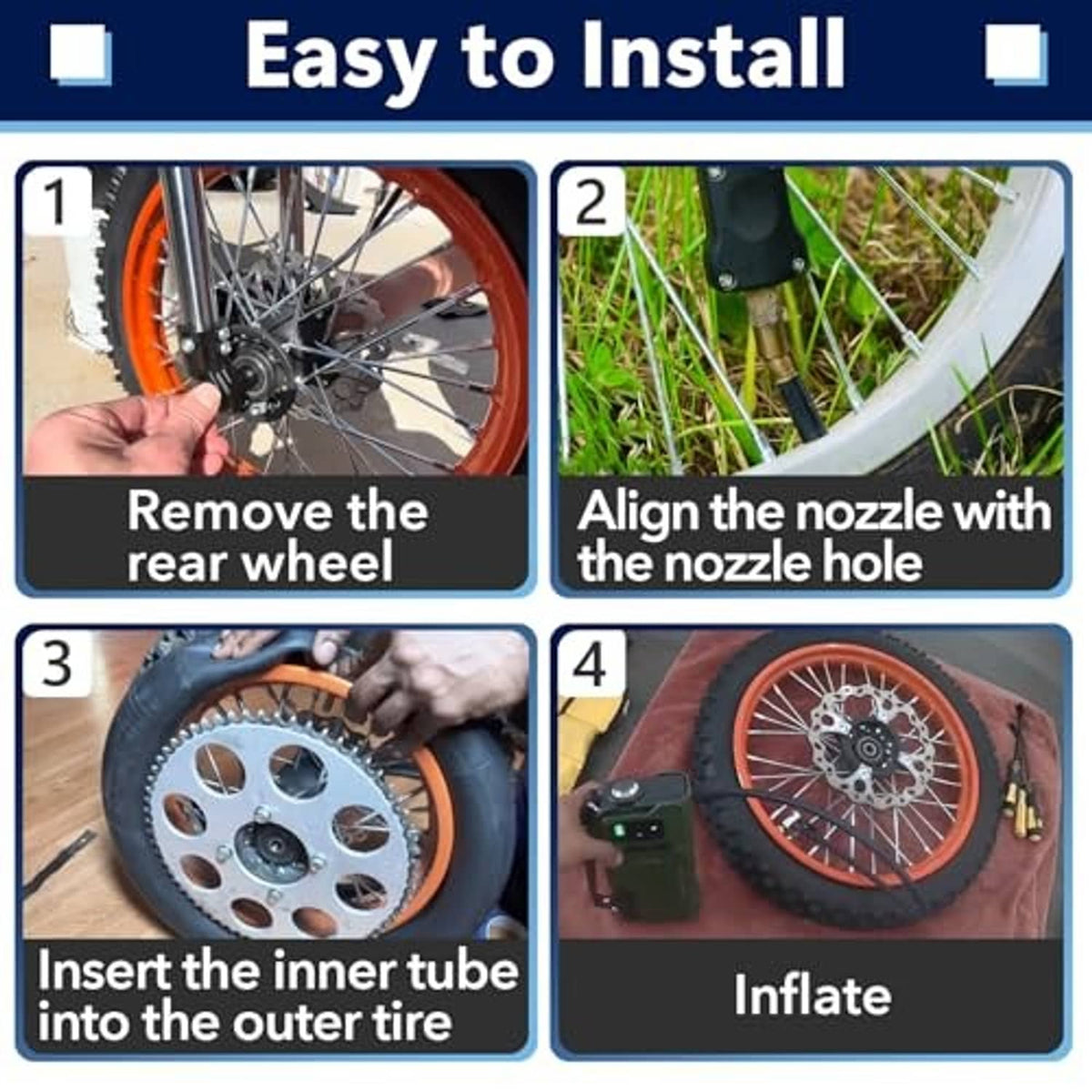 Black inner tube installation steps on wheels: align nozzle hole, insert and inflate.