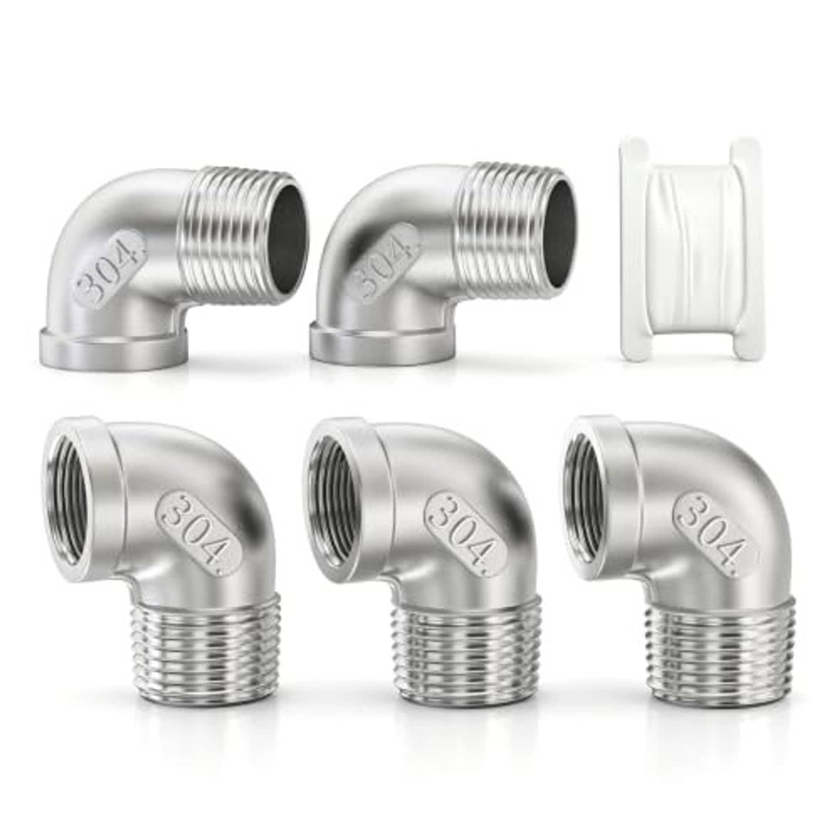Set of 304 stainless steel 90-degree elbow pipe fittings with NPT threaded ends