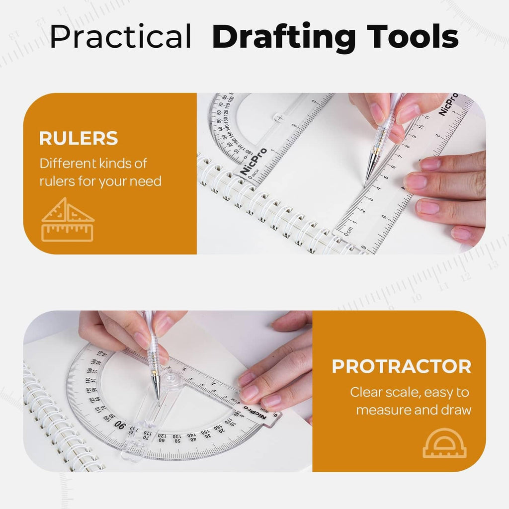Clear protractor and drafting rulers with pen for measuring and drawing, shown in use