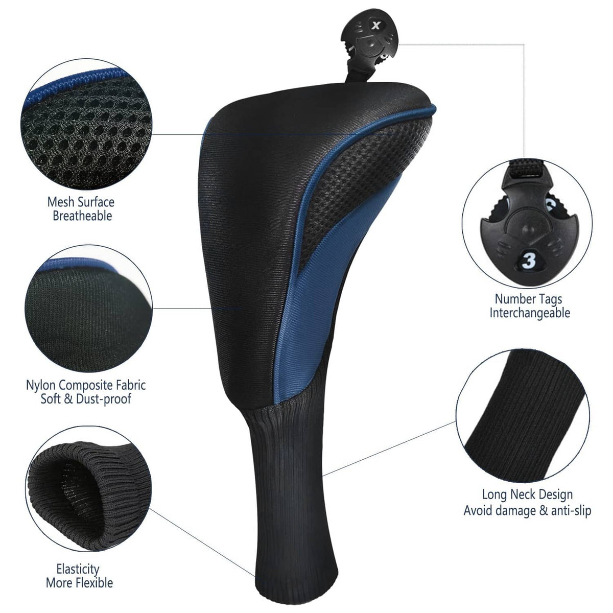 Golf wood head covers (3), black with blue piping, breathable mesh and cushioned fabric