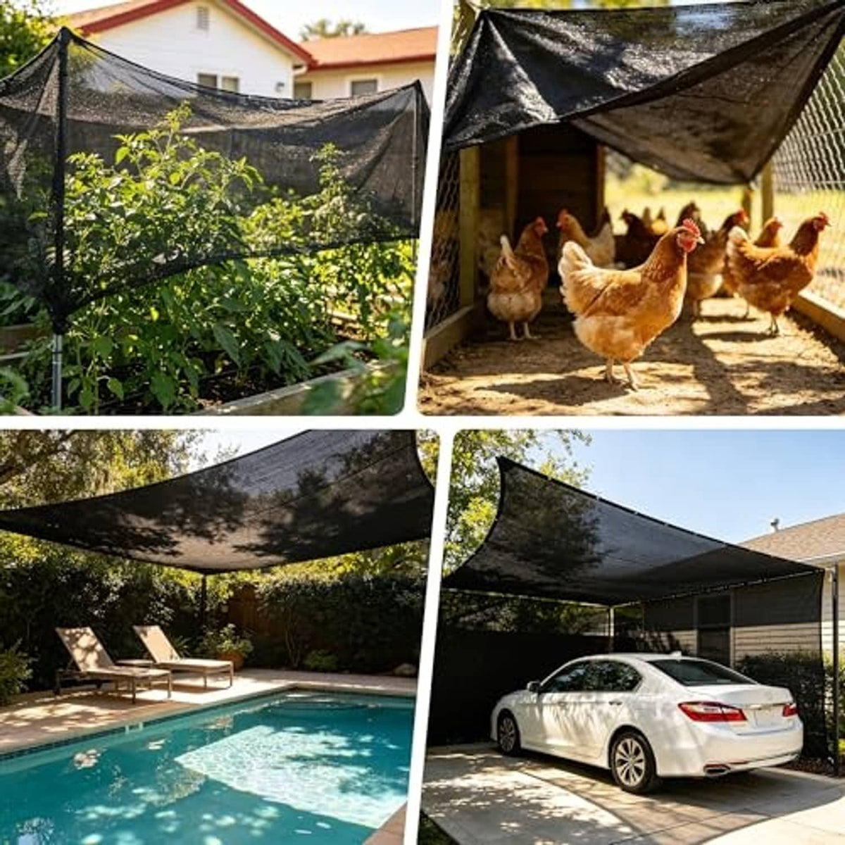 Black shade cloth canopies over outdoor pool area and parked car