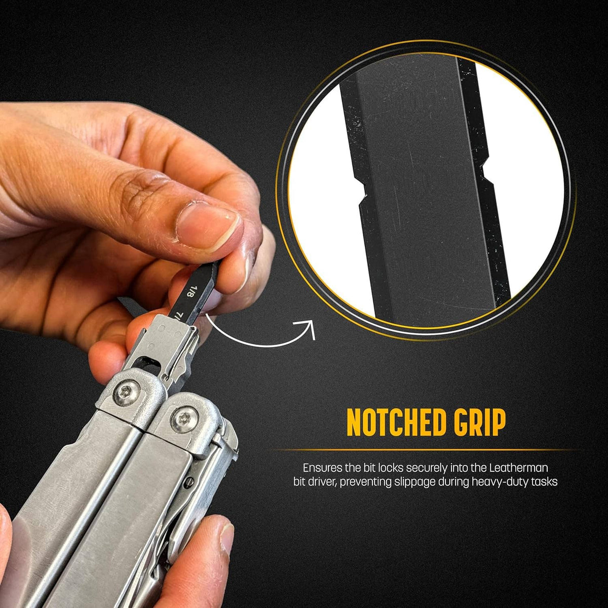 Notched-grip multi-tool accessory bit holder in hand, showing compact steel bits