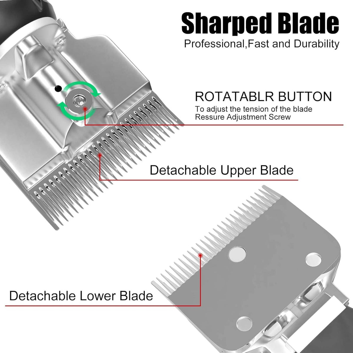 Stainless steel clipper blade with rotatable button and detachable upper blade