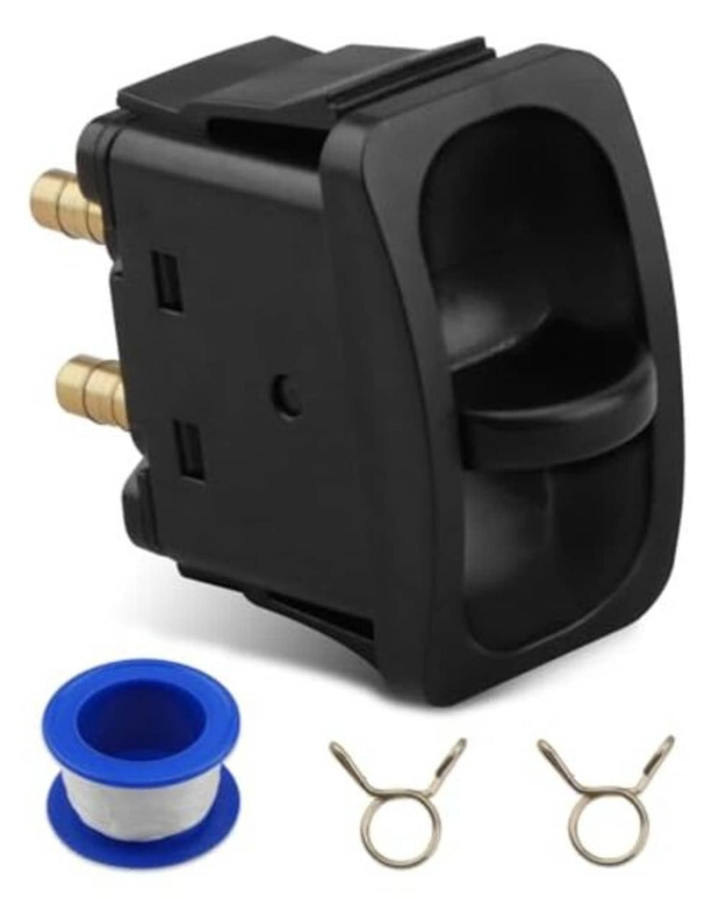 Black manual paddle valve switch with side brass ports and blue spool-like part.