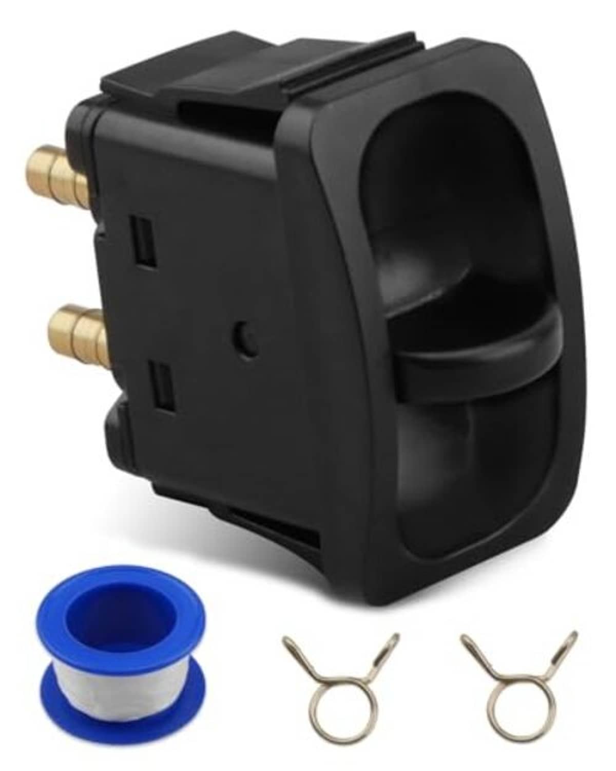 Black manual paddle valve switch with side brass ports and blue spool-like part.