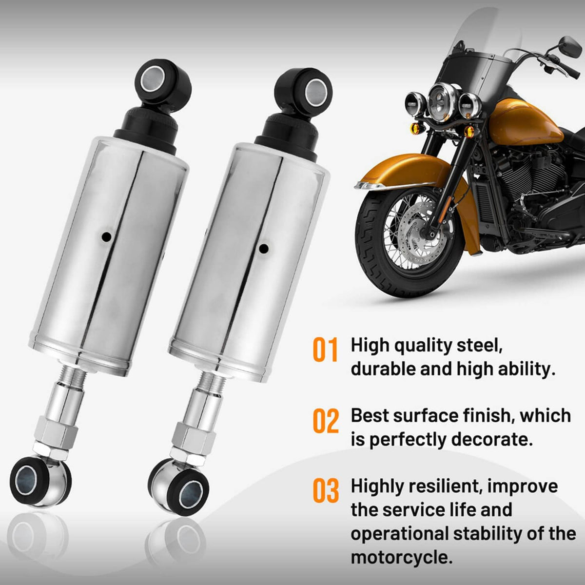 Chrome rear shock absorbers with black mounts, paired with a motorcycle on a white background