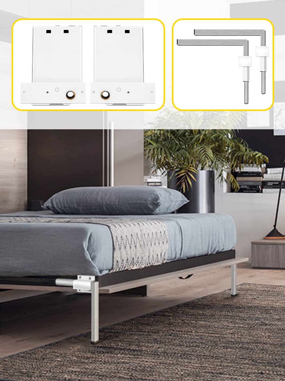 Horizontal murphy wall bed springs mechanism hardware under bed frame with support arms