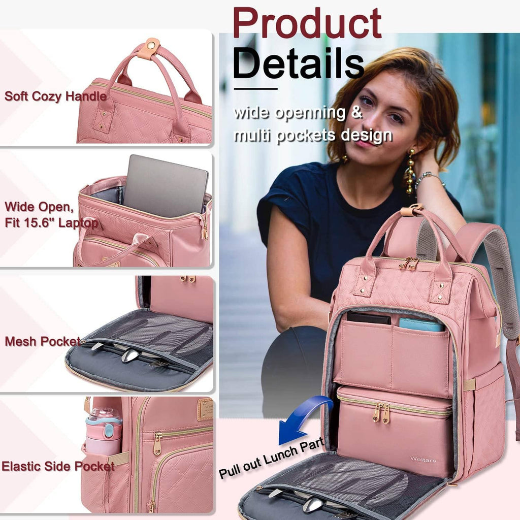 Pink lunch backpack with wide opening, mesh pocket, and elastic side pocket