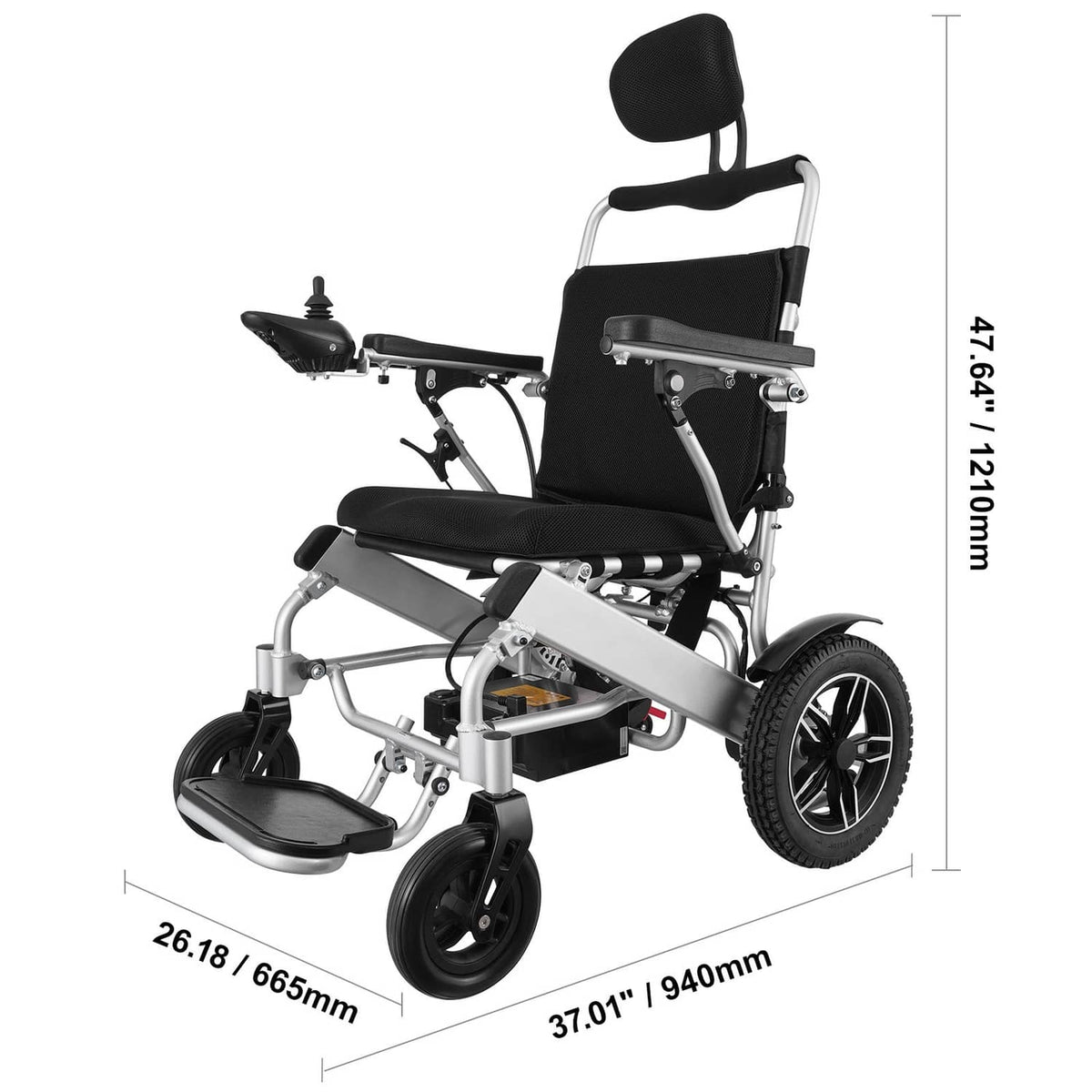 Folding electric wheelchair with black seat and backrest, silver frame, three-quarter view
