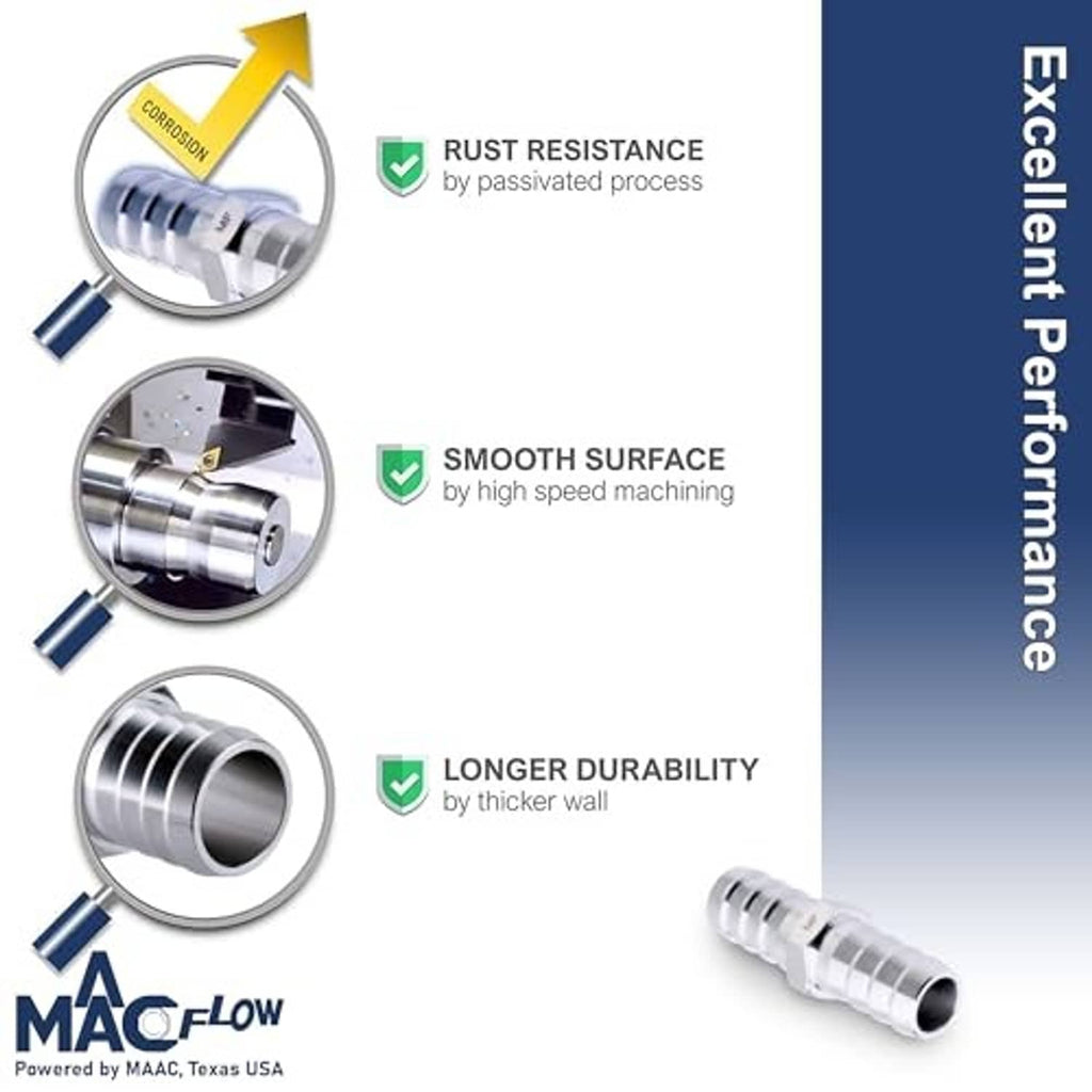 Feature graphic for stainless steel hose barb fitting: rust resistance and smooth surface