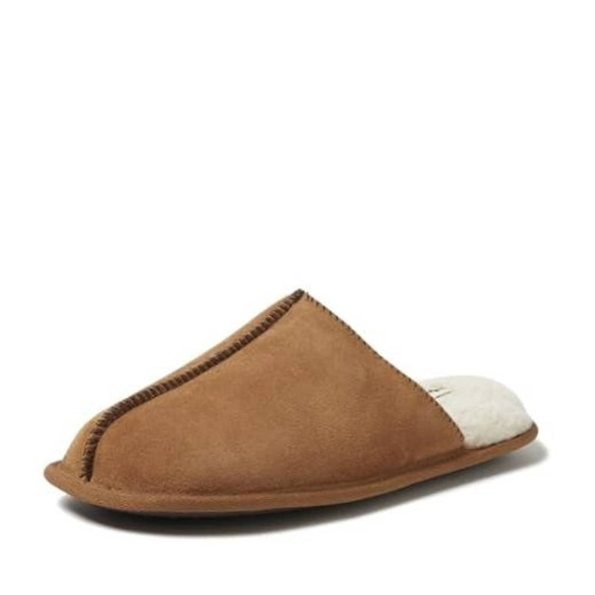 Men's chestnut suede scuff slipper with plush white lining and stitched edge