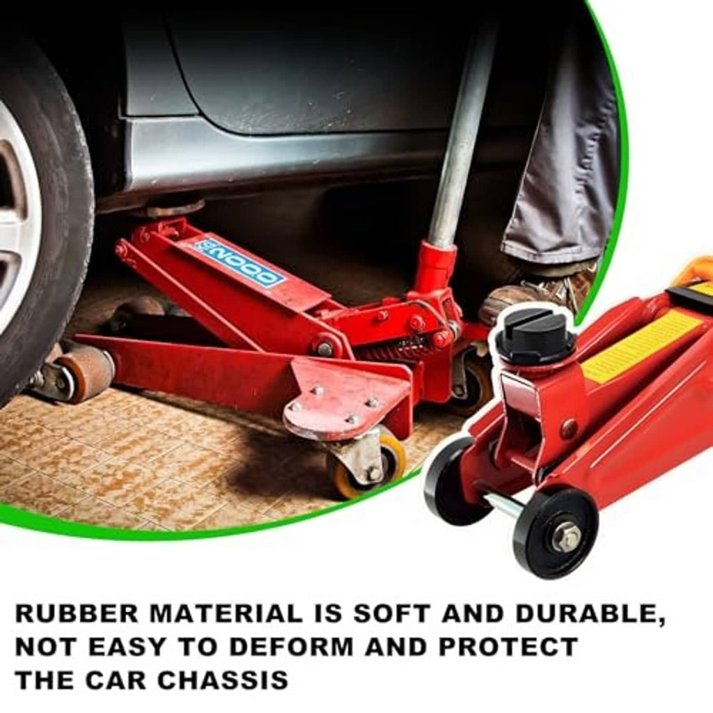 Black rubber jack pad adapters mounted on a red floor jack under a vehicle
