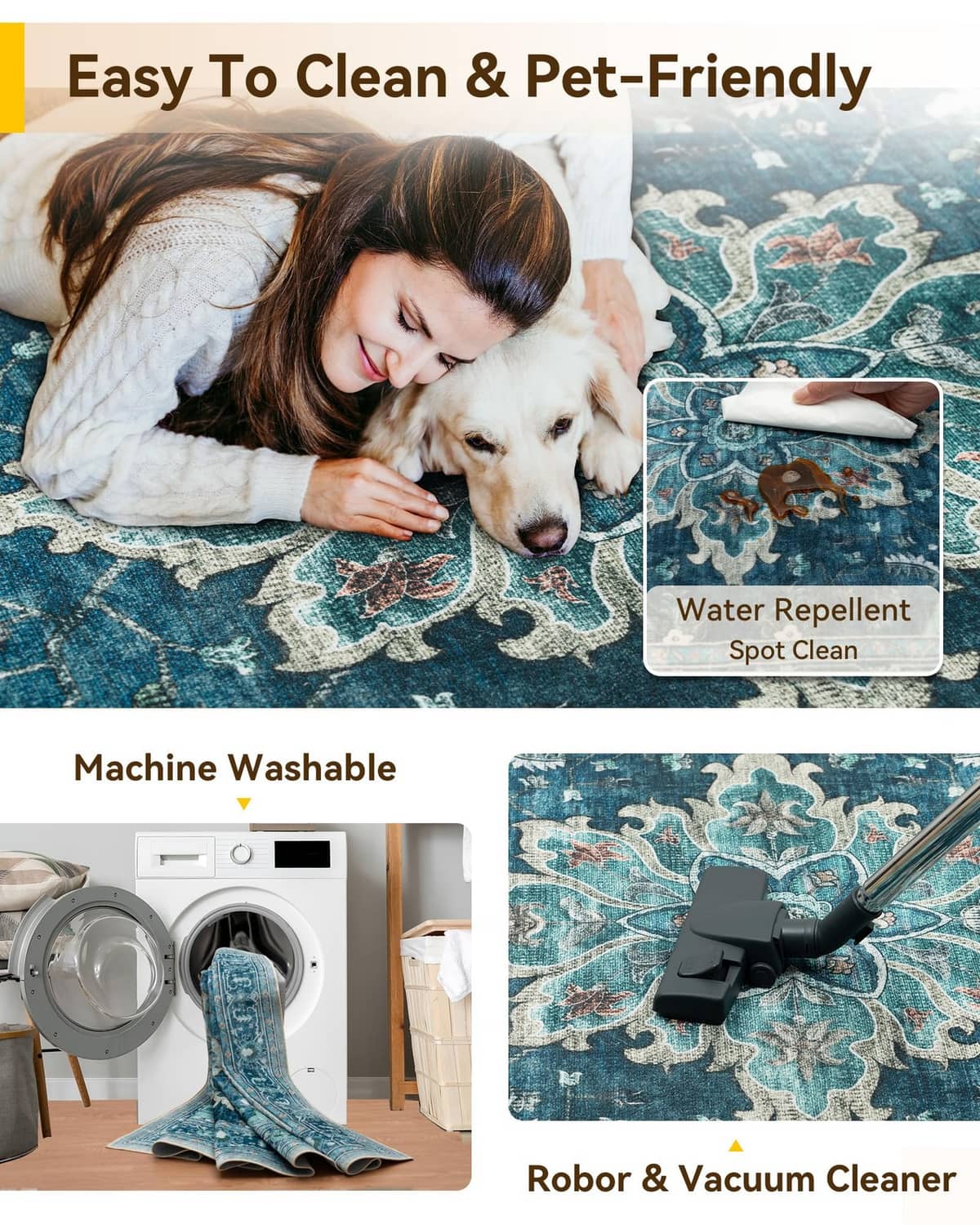 Teal ornate runner area rug with water-repellent surface and low pile for pets.