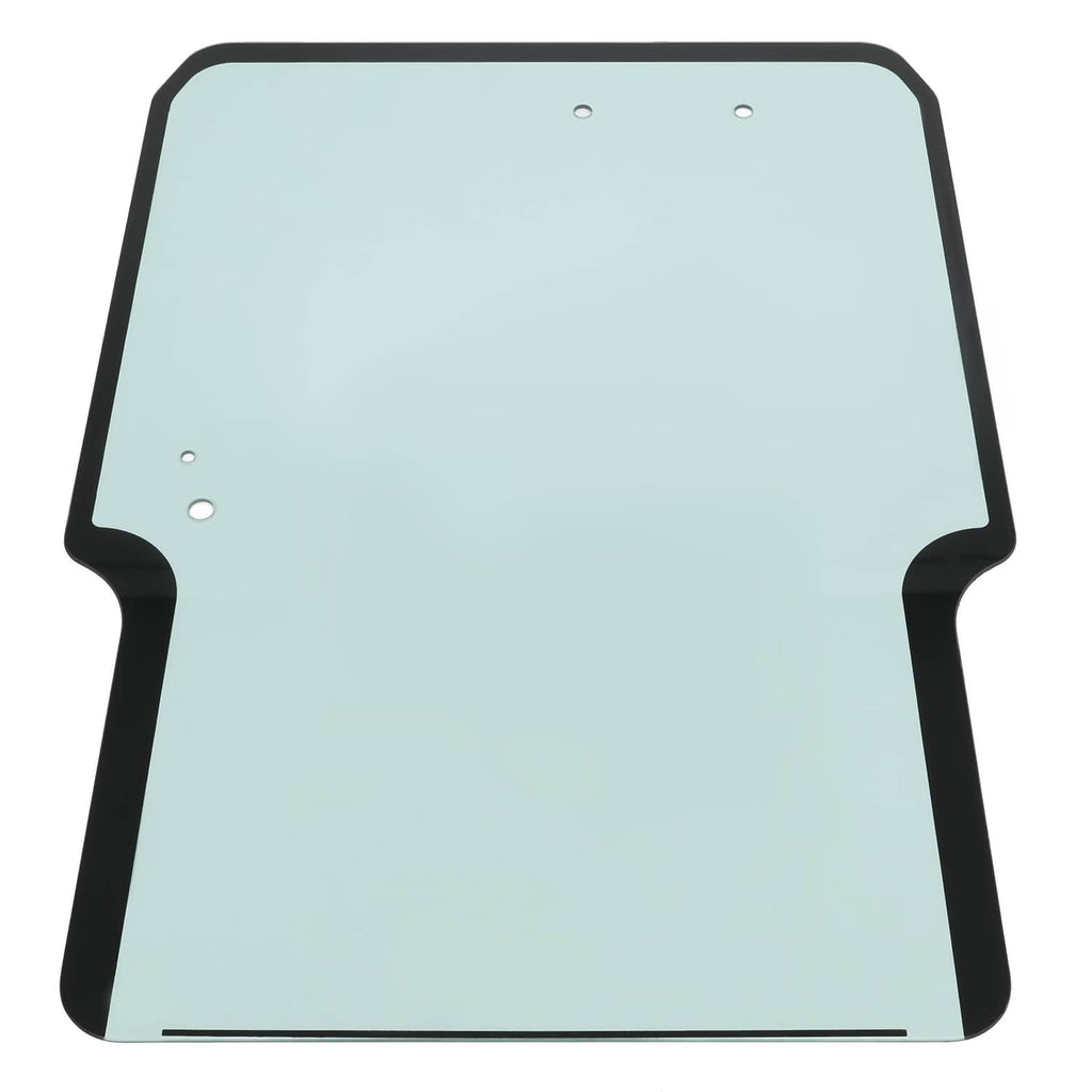 Window glass panel with black frame and mounting holes, light blue tinted
