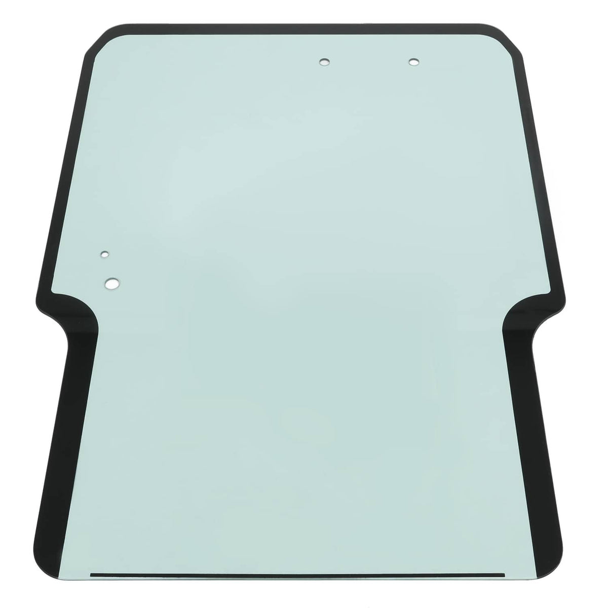Window glass panel with black frame and mounting holes, light blue tinted