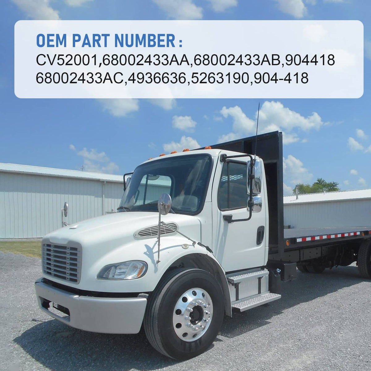 White flatbed truck front view with hood open