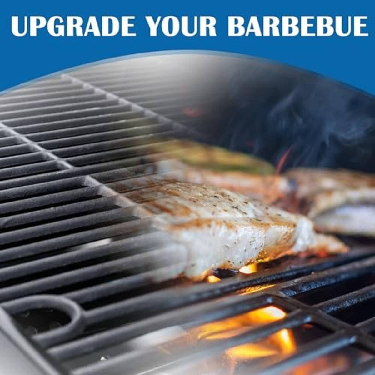 Black grill grates over open flame, showing cooking surface lines