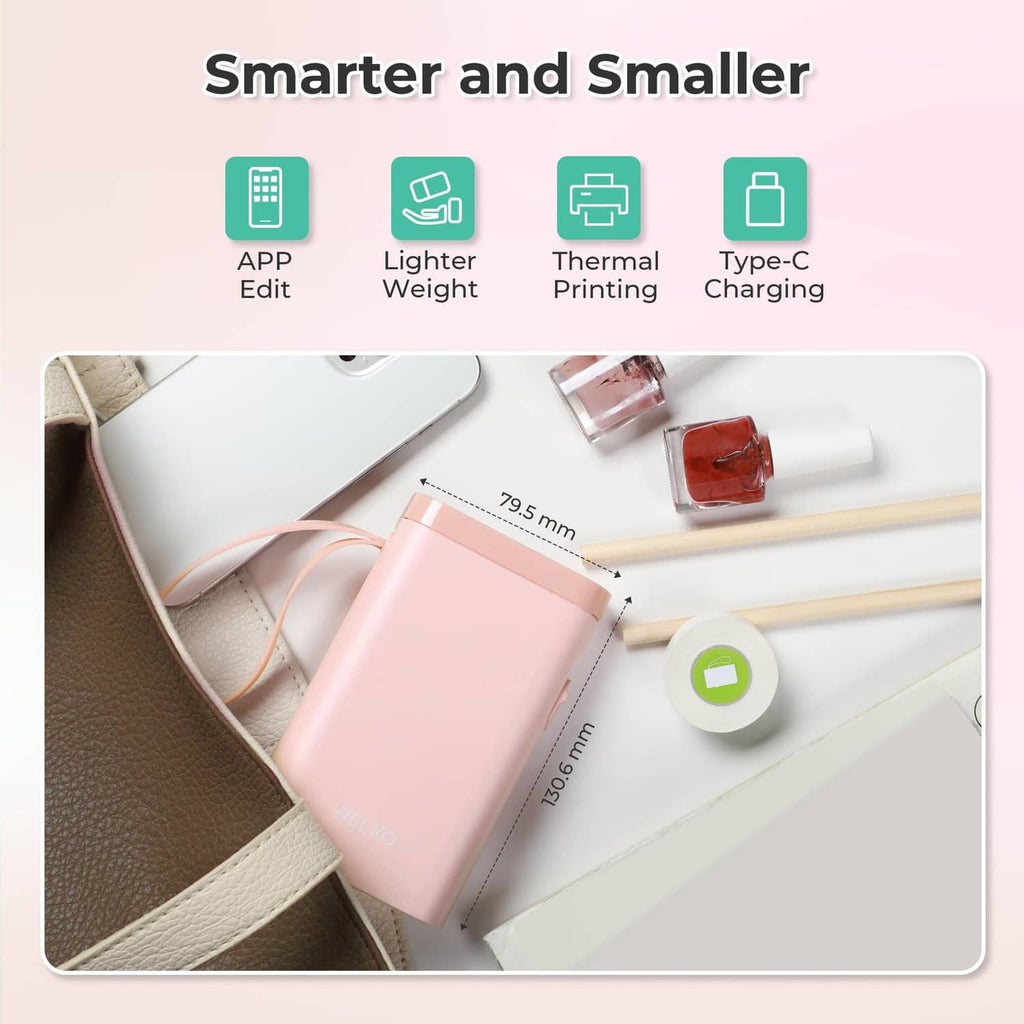 Pink handheld thermal label printer, compact design with charging cable