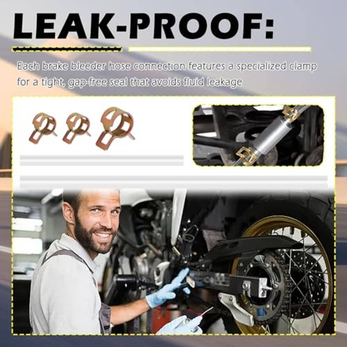Brake bleeder hose connection with copper clamps and silver valve body for leak-proof fit