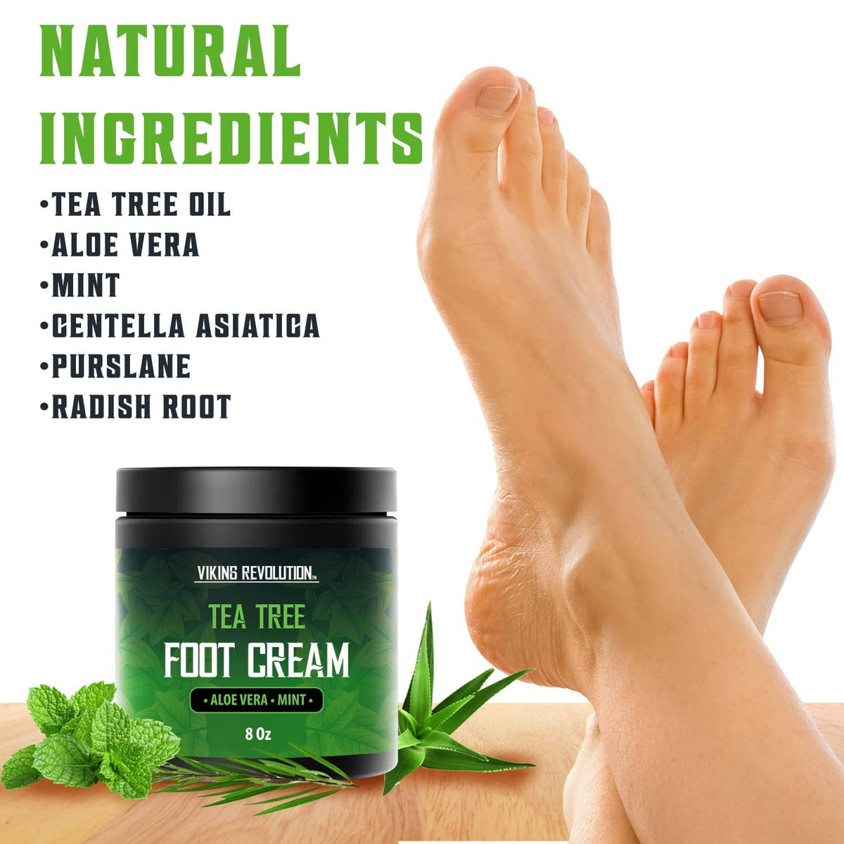 Tea tree foot cream jar with natural ingredients callouts, mint, 8 oz, beside bare foot