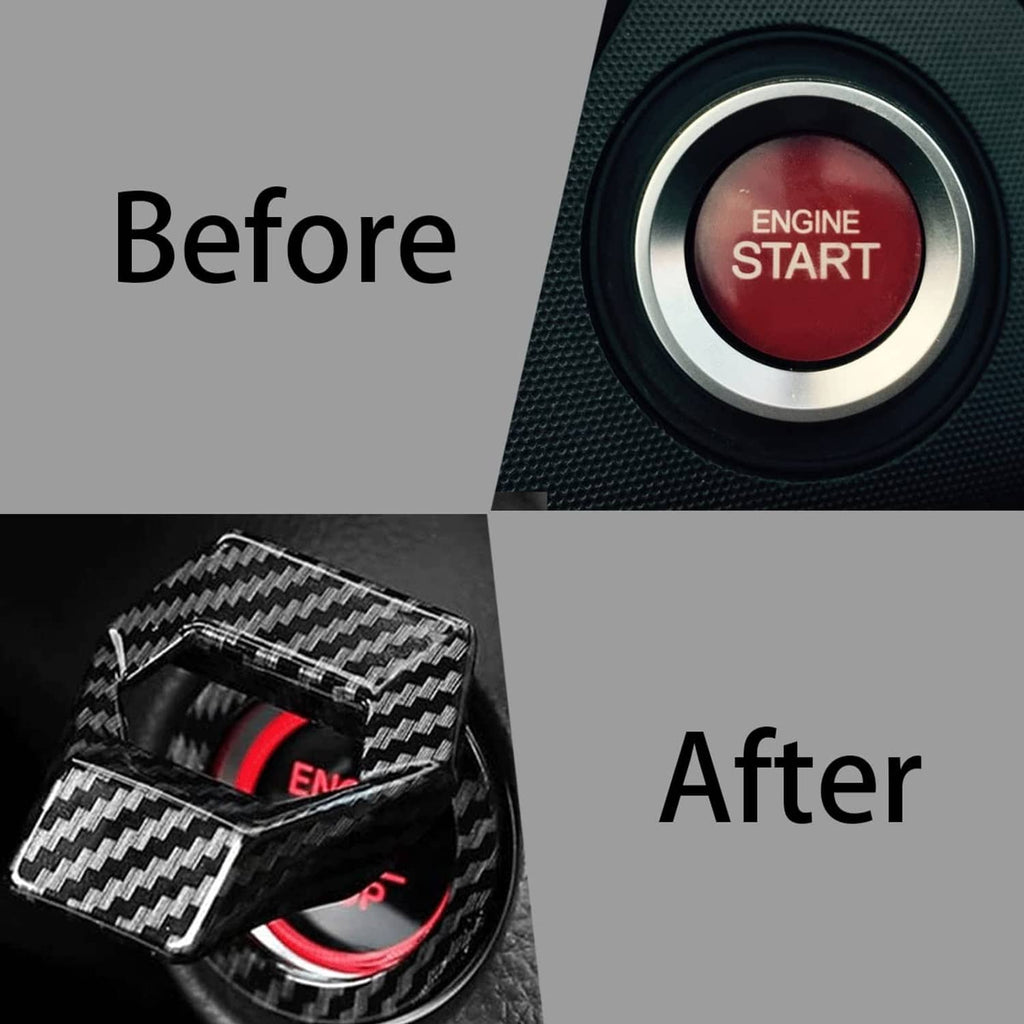 Carbon fiber engine start/stop button cover on dashboard, framing a red start button