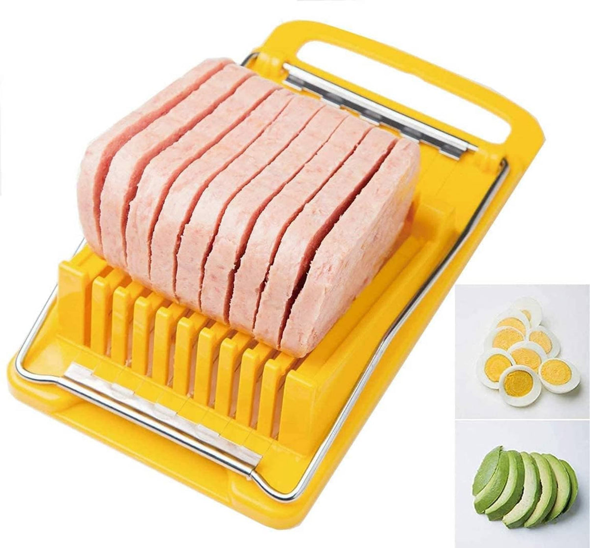 Yellow meat slicer kit with wire frame, showing pink loaf cut into thin slices