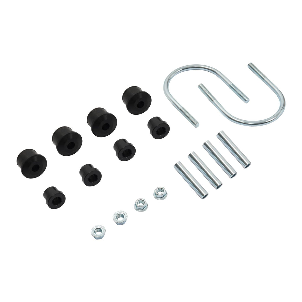 Black suspension bushings with chrome U-bolt and silver mounting bolts