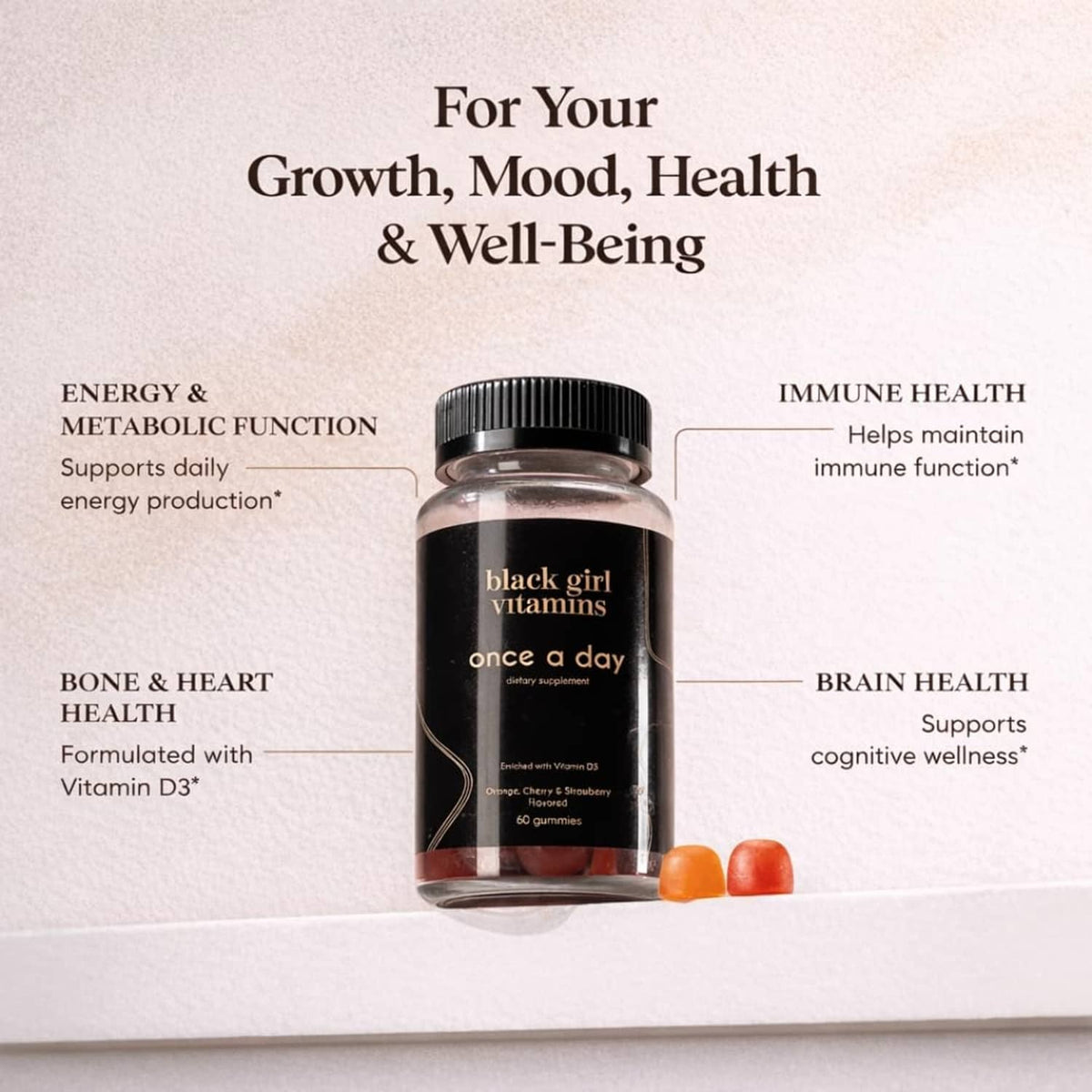 Black girl vitamins once a day gummy bottle with small gummies at side