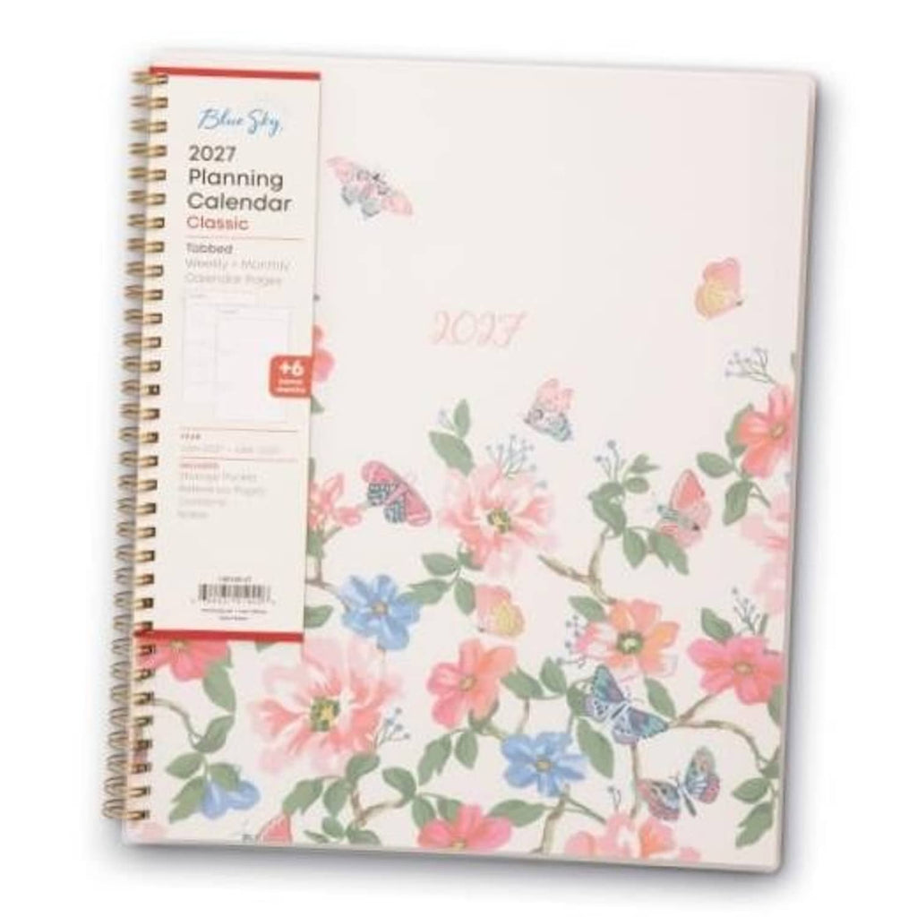 Floral 2027 planner with spiral binding and pink, blue, and green flower cover