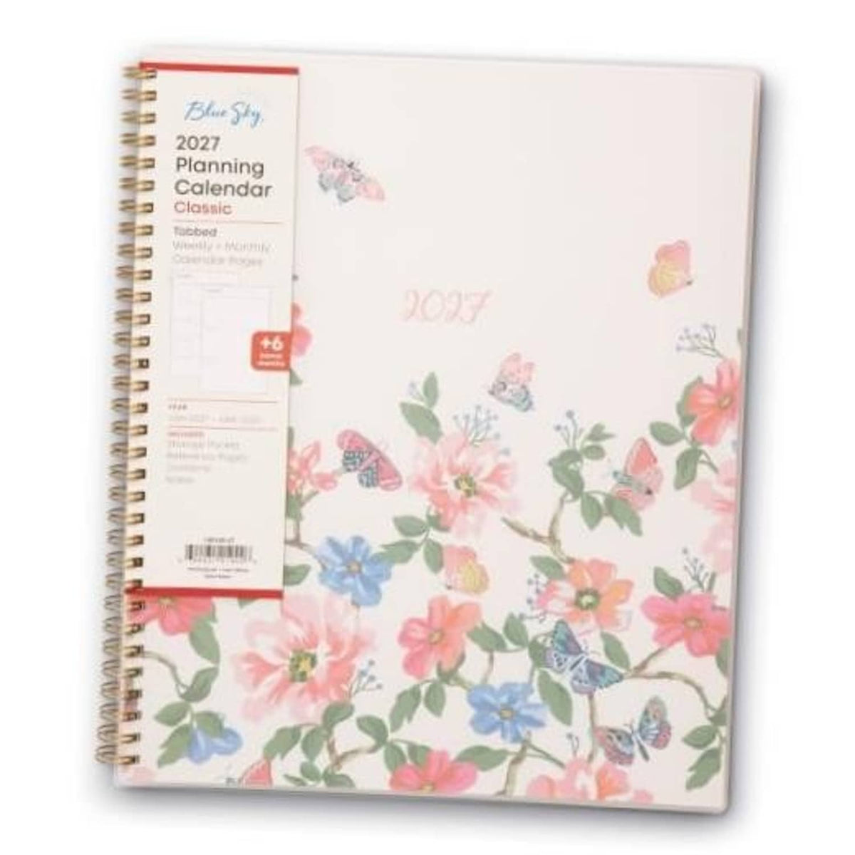 Floral 2027 planner with spiral binding and pink, blue, and green flower cover