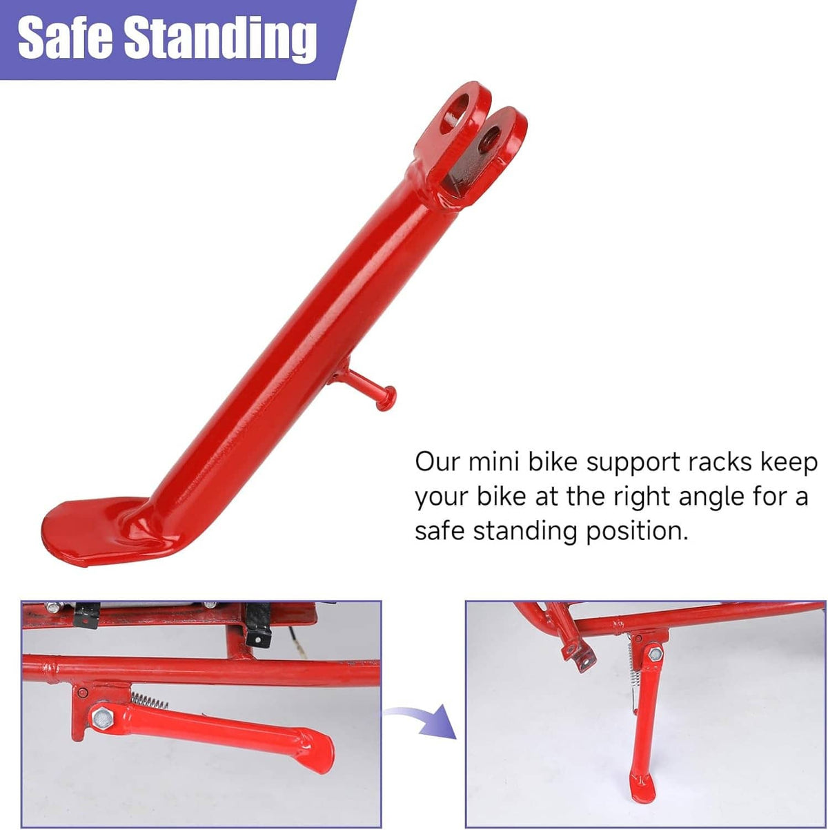 Red mini bike kickstand stand with base plate and side support tab