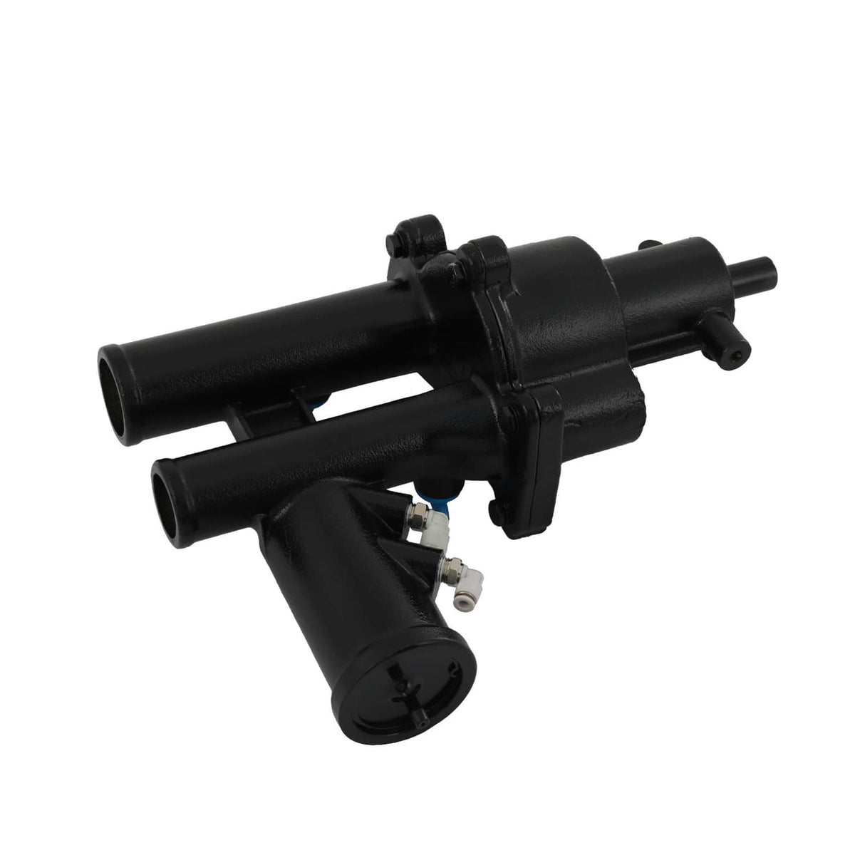 Black sea water pump assembly with T-shaped outlet and metal hose fittings