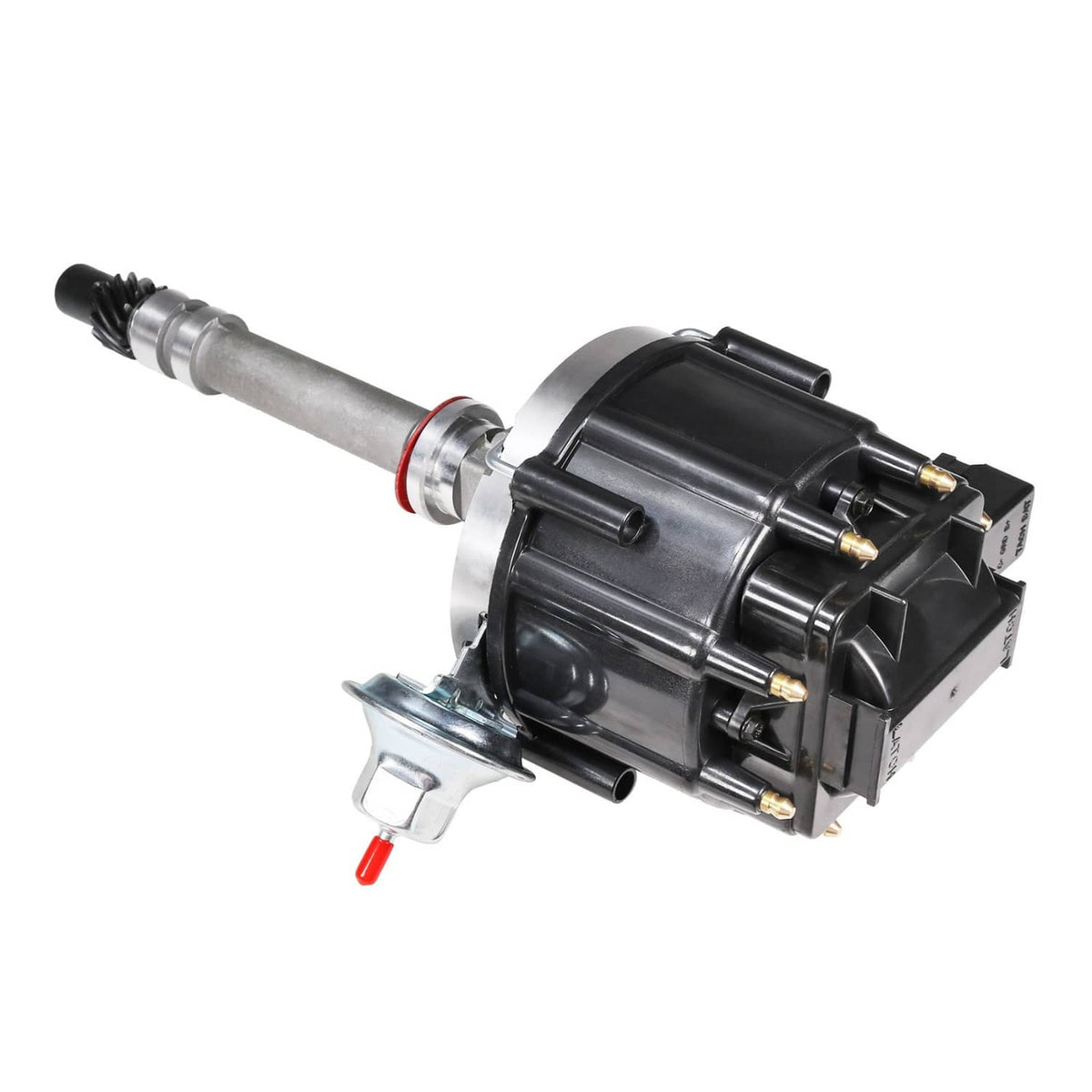 HEI tach drive distributor with silver shaft, black cap, and exposed electrical pins