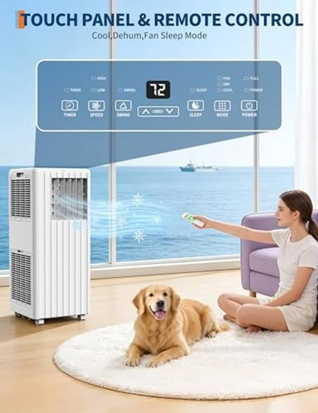 Portable air conditioner with touch panel and included remote control for cool, fan and sleep modes