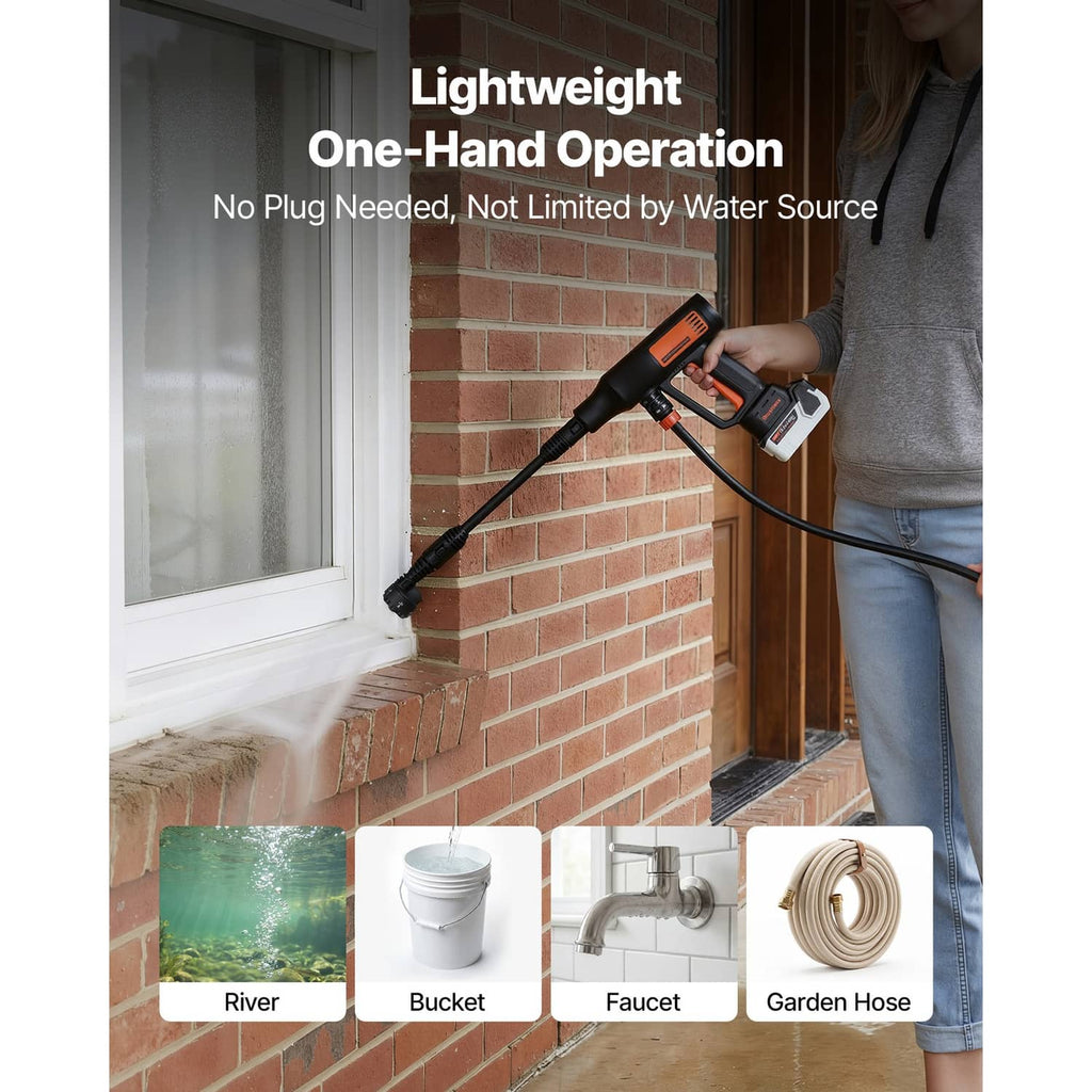 Cordless pressure washer with spray wand and quick-connect cleaning bottle