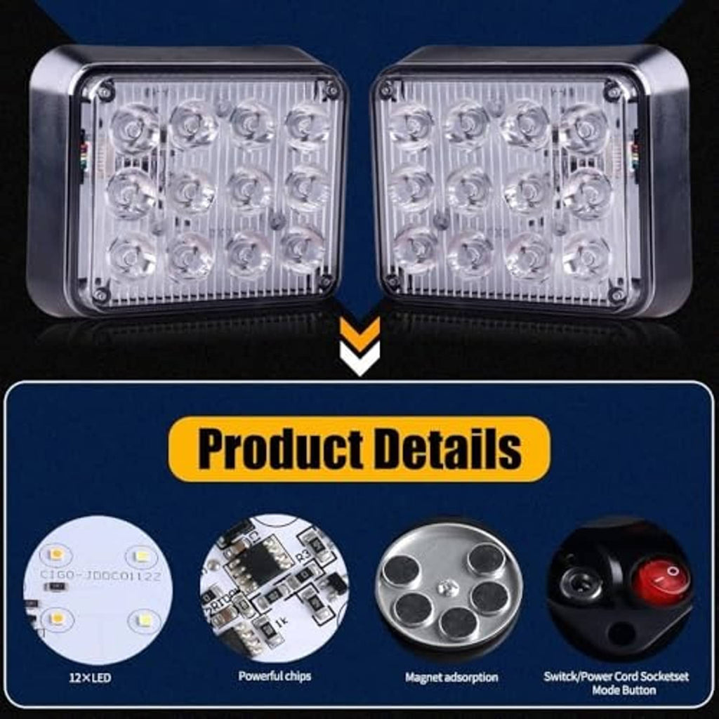 Pair of square LED strobe lights with clear lens and black rubberized housing